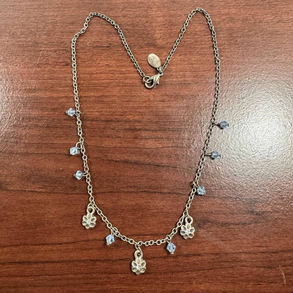 Vintage Bonnie J Floral And Light Blue Crystal Bead Brass Chain 14” Necklace
